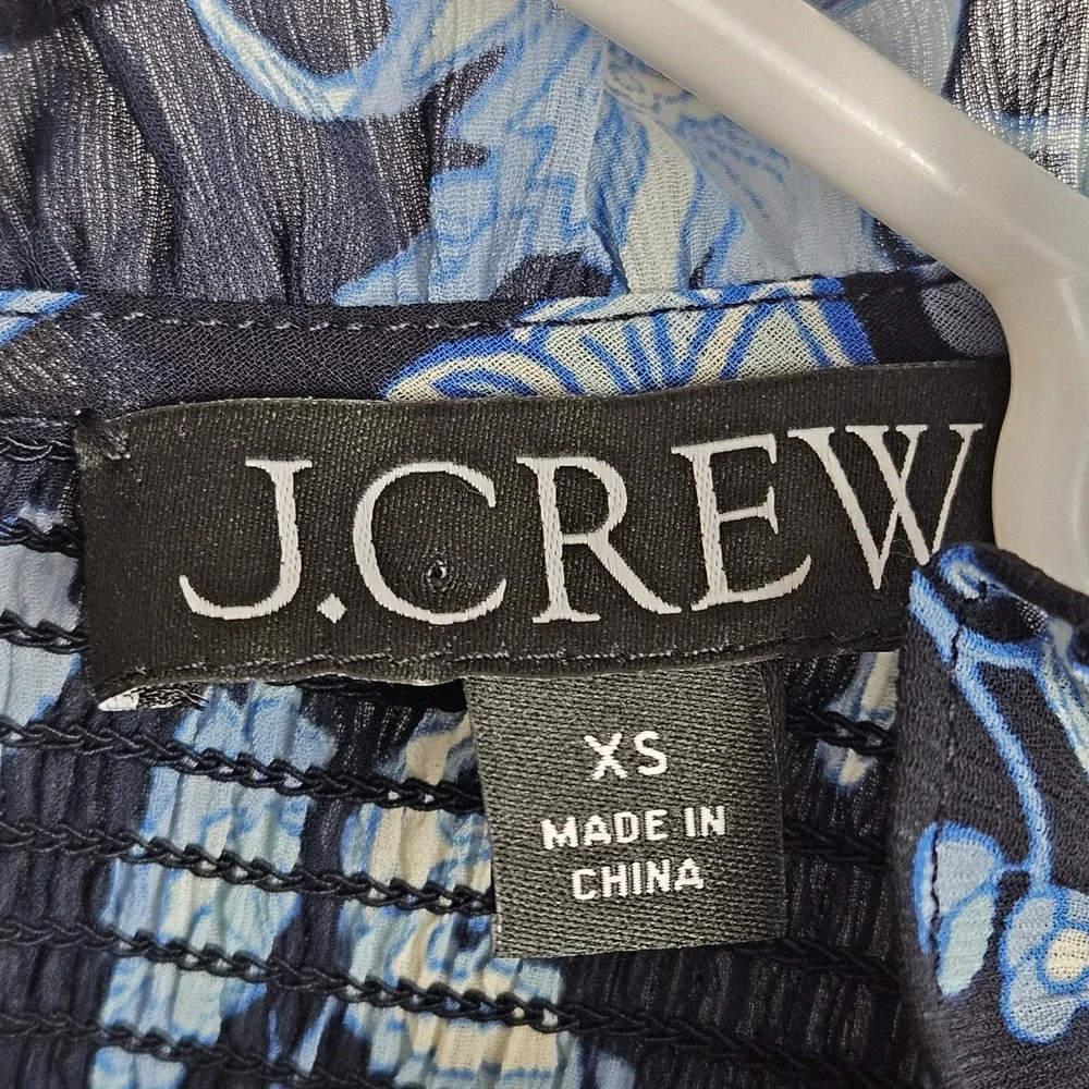 J.Crew Blouse‎ Sz XS Smocked Ruffleneck Chiffon Top Midnight Blue Floral Cottage